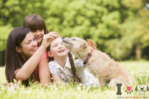Madre y sus hijos con su perro mestizo